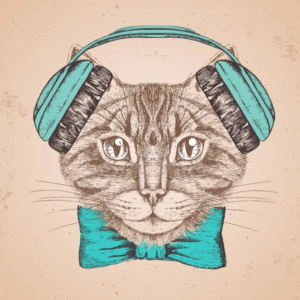 Hipster chat animal. Dessin à la main Museau de chat animal — Image vectorielle