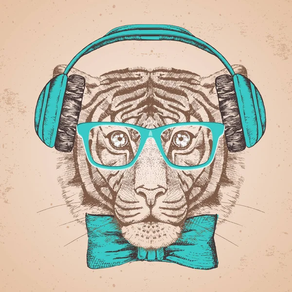 Tigre animal Hipster. Dibujo a mano Bozal de tigre — Vector de stock