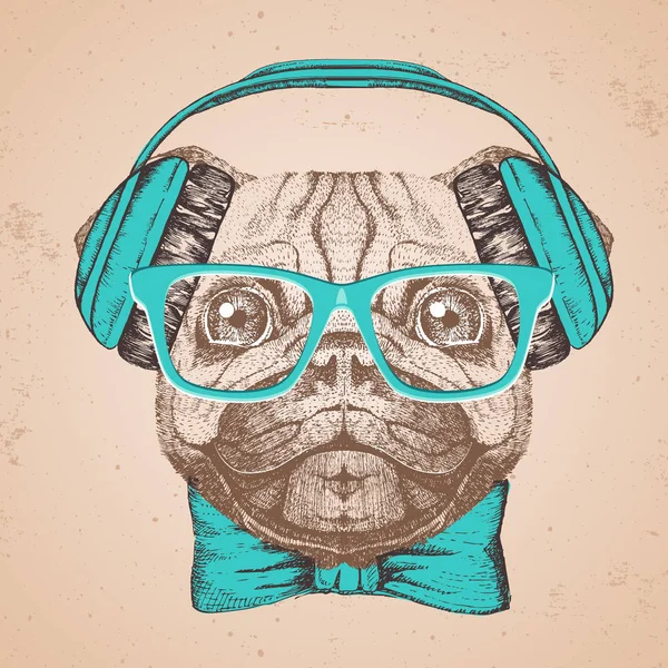 Retro Hipster hayvan pug-köpek. El pug köpek namlu çizimi — Stok Vektör