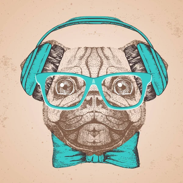 Retro Hipster hayvan pug-köpek. El pug köpek namlu çizimi