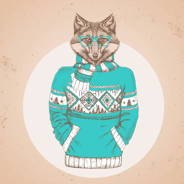 Ретро хіпстерська мода тварин лисиця, одягнена в пуловер. Іпстерські тварини — стоковий вектор