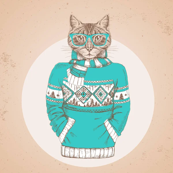 Retro Hipster Mode Tier Katze im Pullover gekleidet. Hipstertiere — Stockvektor