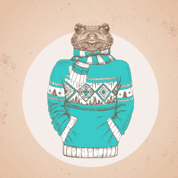 Retro Hipster módní zvířecí žába oblečená v svetr. Bokovky zvířata — Stockový vektor