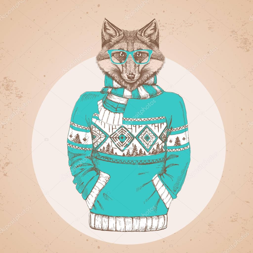 Retro Hipster fashion animal fox dressed up in pullover. Hipster animals