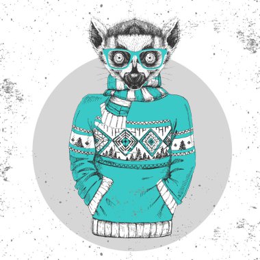 Retro Hipster moda hayvan lemur kazak içinde giyinmiş. 