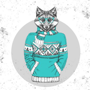 Retro Hipster moda hayvan tilki kazak içinde giyinmiş. 