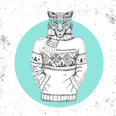 Retro Hipster moda hayvan cheetah kazak içinde giyinmiş. 