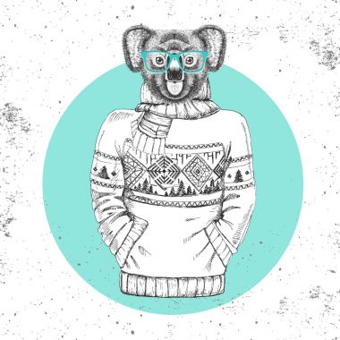 Retro Hipster moda hayvan koala kazak içinde giyinmiş.