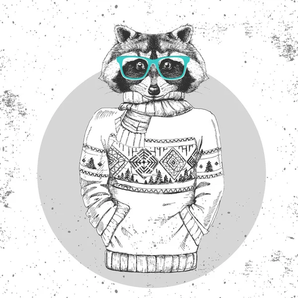 Moda retro Hipster zwierzęta raccoon ubrane w sweter. — Wektor stockowy