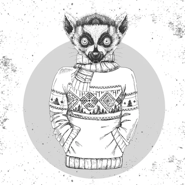Retro Hipster moda hayvan lemur kazak içinde giyinmiş. 