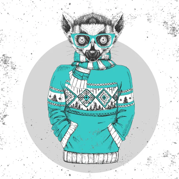 Rétro Hipster lémurien animal de mode habillé en pull . — Image vectorielle