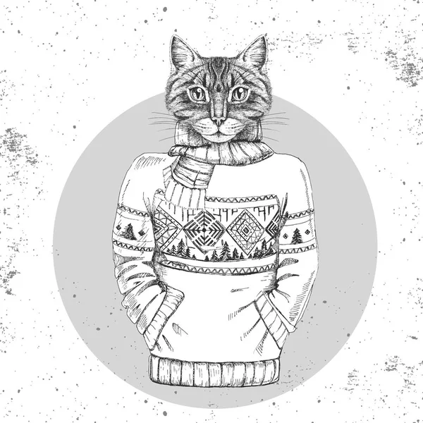Retro Hipster Mode Tier Katze verkleidet in Pullover. — Stockvektor