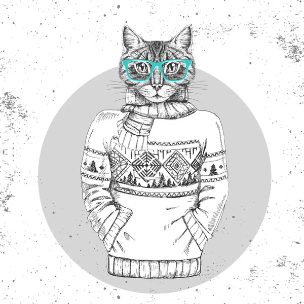 Rétro Hipster mode animal chat habillé en pull . — Image vectorielle