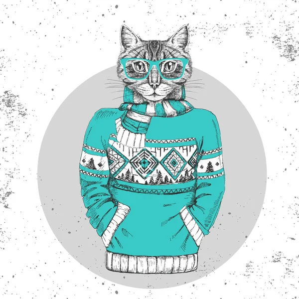 Moda retro Hipster Zwierzęta Kot przebrany w sweter. — Wektor stockowy