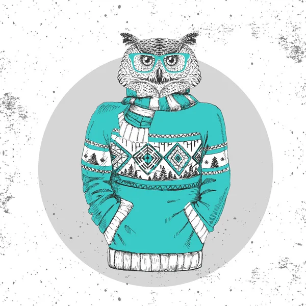 复古时髦时尚动物猫头鹰打扮，穿上毛衣. — 图库矢量图片