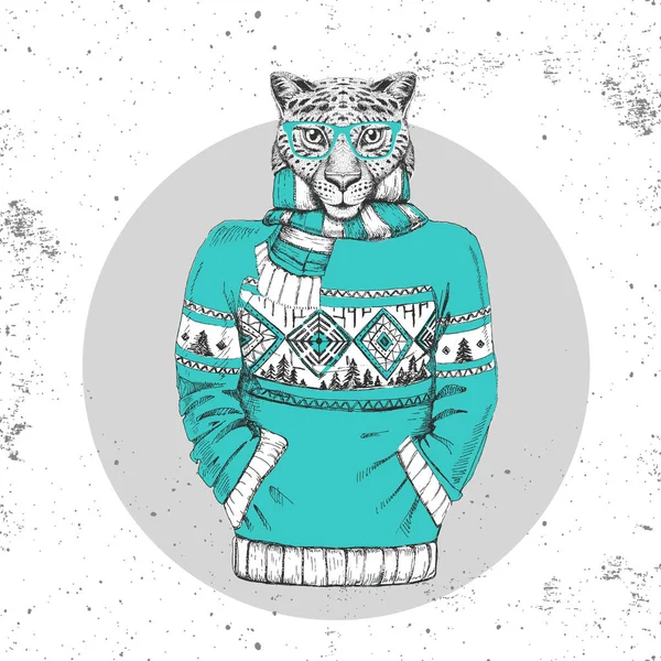 Retro Hipster moda animal guepardo vestido con jersey . — Vector de stock