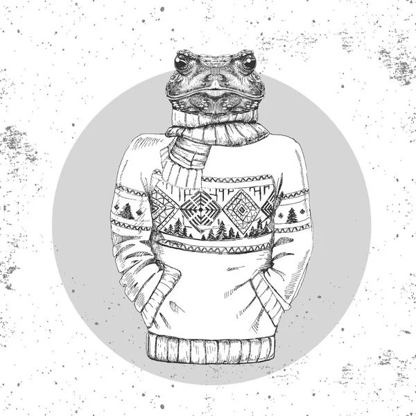 Retro Hipster moda hayvan kurbağa kazak içinde giyinmiş. 