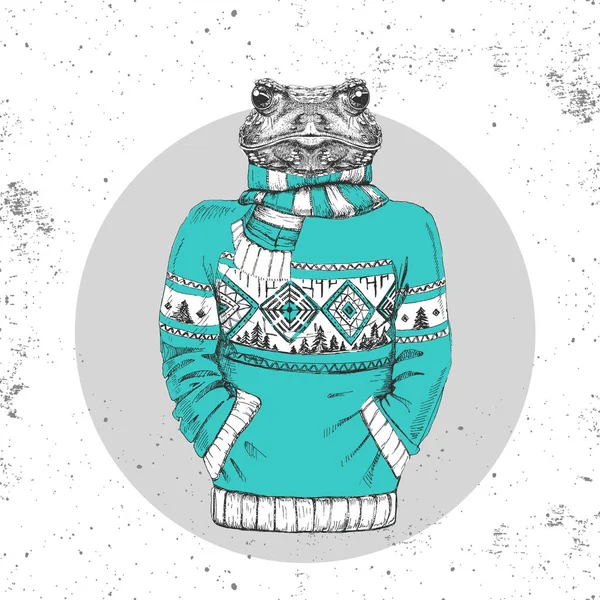 Moda retro Hipster Zwierzęta Żaba ubrana w sweter. — Wektor stockowy