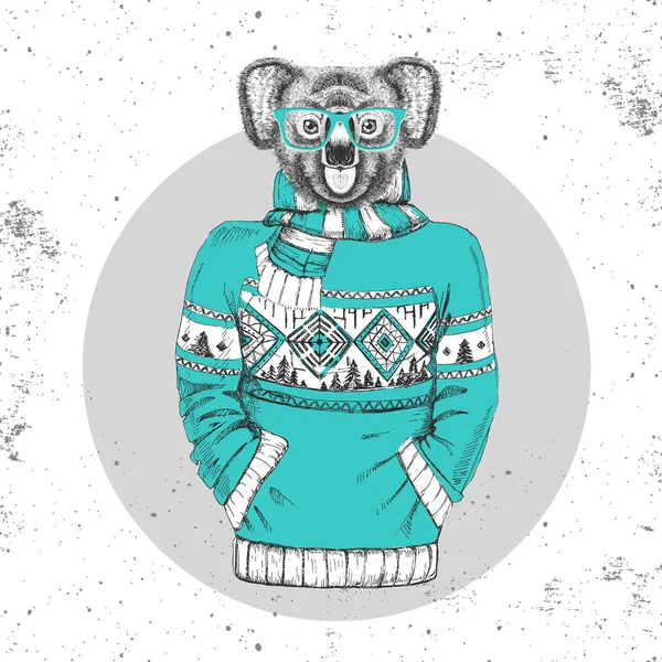 Retro Hipster moda animal koala vestido con jersey . — Vector de stock