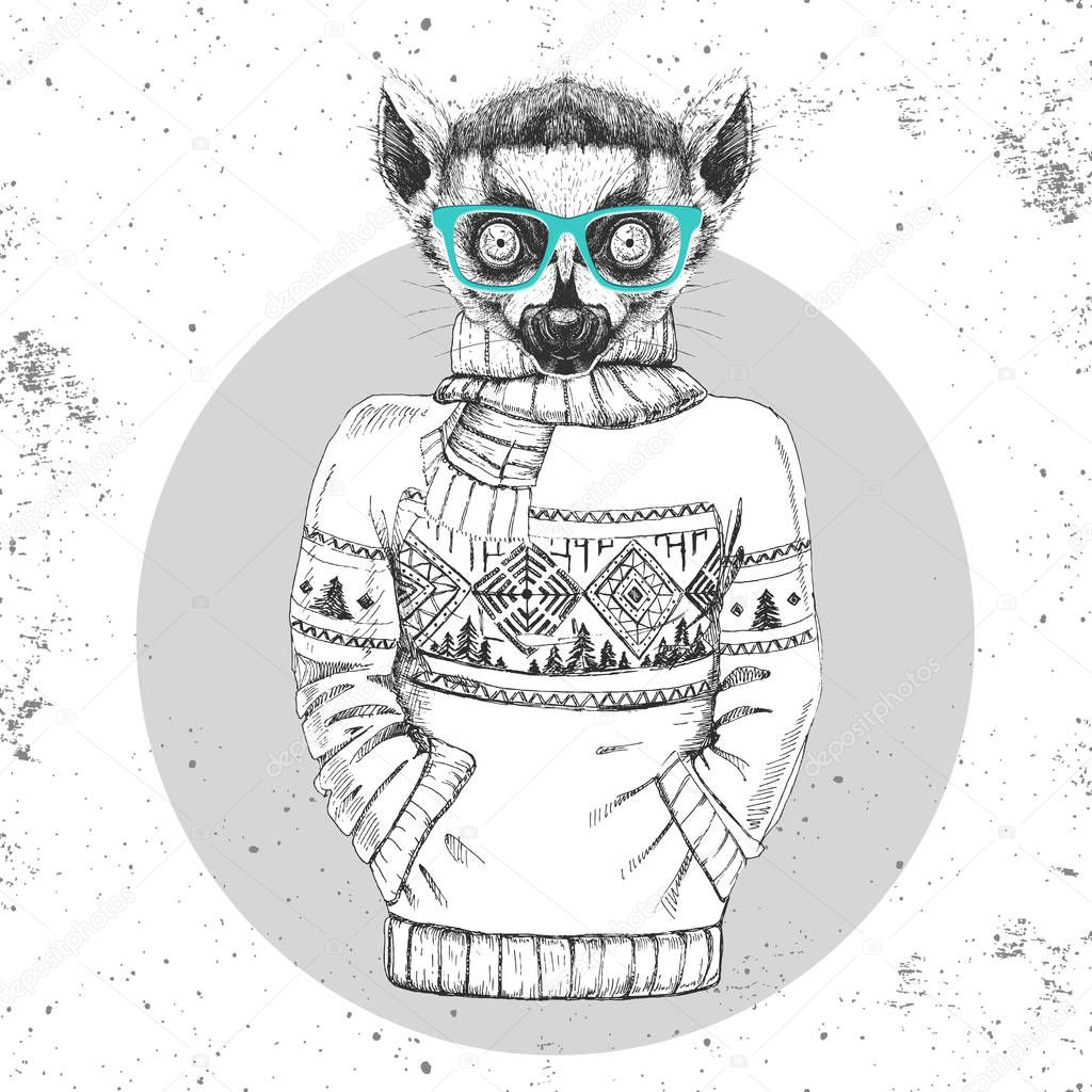 Retro Hipster fashion animal lemur dressed up in pullover. 