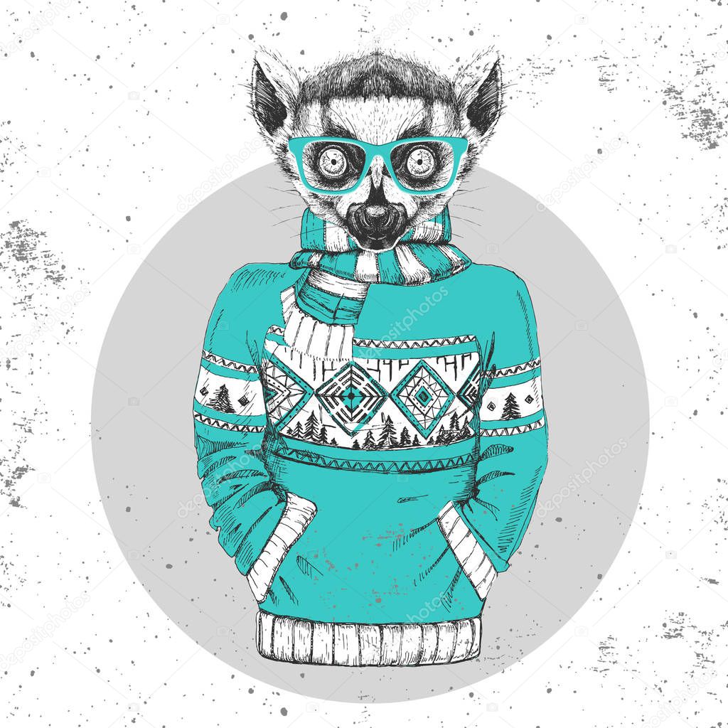 Retro Hipster fashion animal lemur dressed up in pullover. 