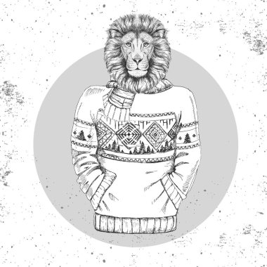 Retro Hipster moda hayvan aslan kazak içinde giyinmiş. 