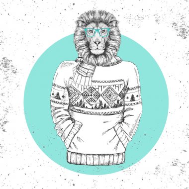 Retro Hipster moda hayvan aslan kazak içinde giyinmiş. 