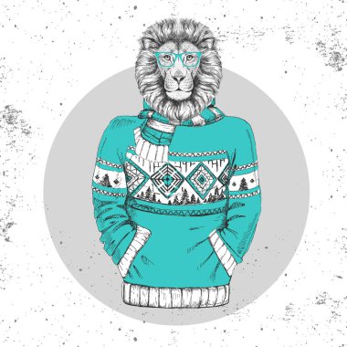 Retro Hipster moda hayvan aslan kazak içinde giyinmiş. 