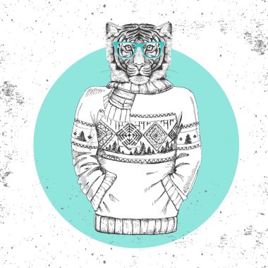 Retro Hipster moda hayvan kaplan kazak içinde giyinmiş.