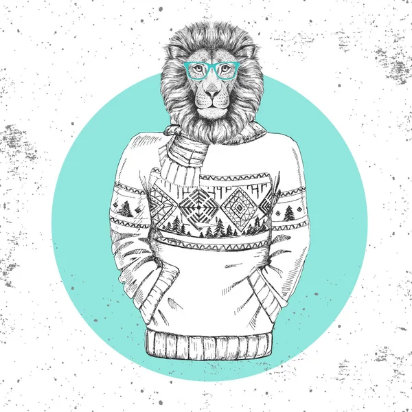 Retro Hipster moda hayvan aslan kazak içinde giyinmiş. 