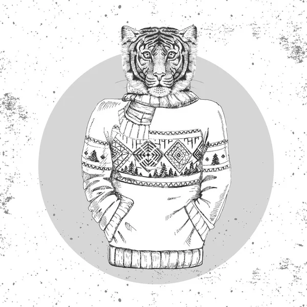 Retro Hipster moda hayvan kaplan kazak içinde giyinmiş.