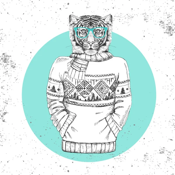 Retro Hipster moda hayvan kaplan kazak içinde giyinmiş.