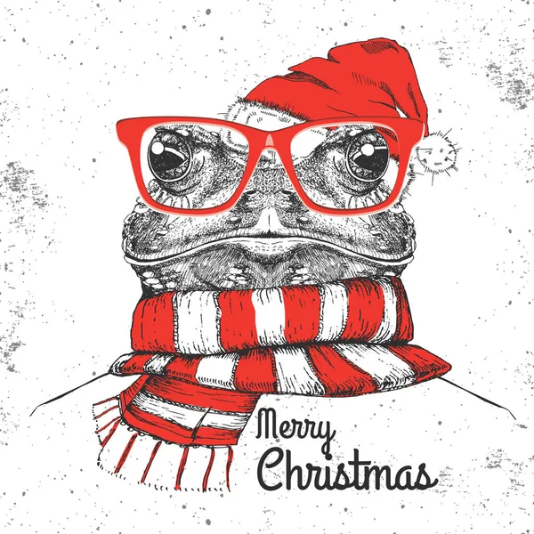 Noel Hipster moda hayvan kurbağa yeni yıl şapkası giymiş — Stok Vektör