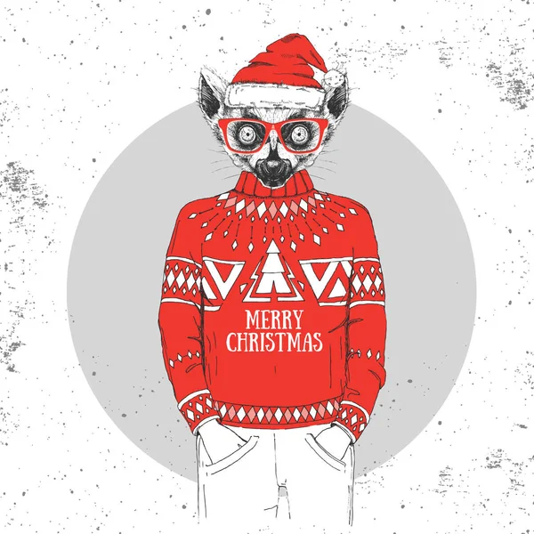 Noel Hipster moda hayvan lemur bir yeni yıl şapkası ve Kazak giymiş — Stok Vektör