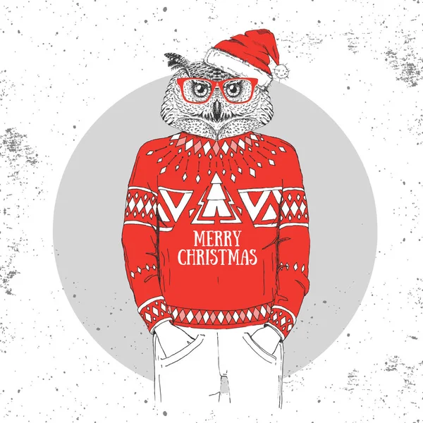 Noel Hipster moda kuşu baykuş bir yeni yıl şapkası ve Kazak giymiş