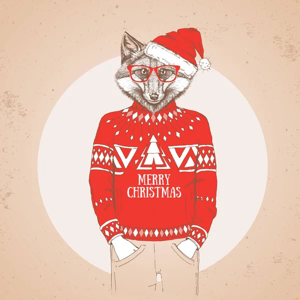Noel Hipster moda hayvan tilki bir yeni yıl şapkası ve Kazak giymiş — Stok Vektör
