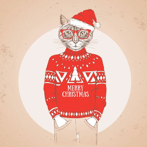 Рождественский хипстерский модный кот одел новогоднюю шляпу и свитер — стоковый вектор