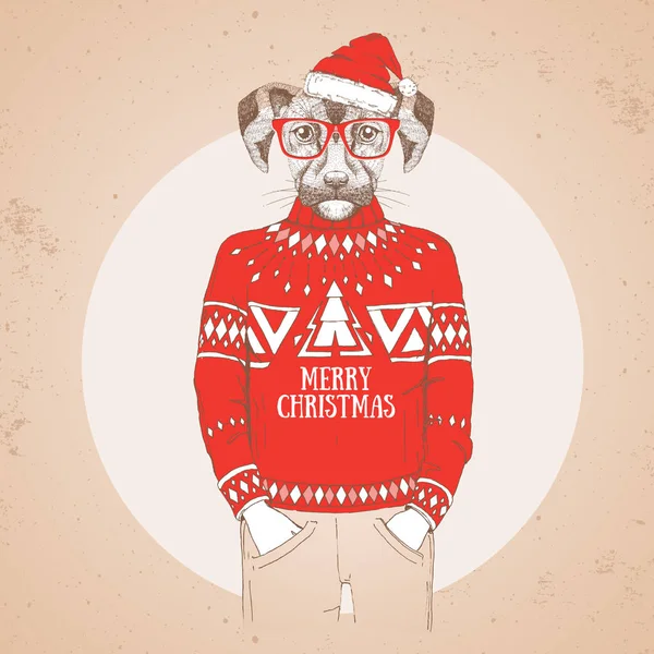 Kerst Hipster fashion dierlijke hond gekleed een Nieuwjaar hoed en pullover — Stockvector