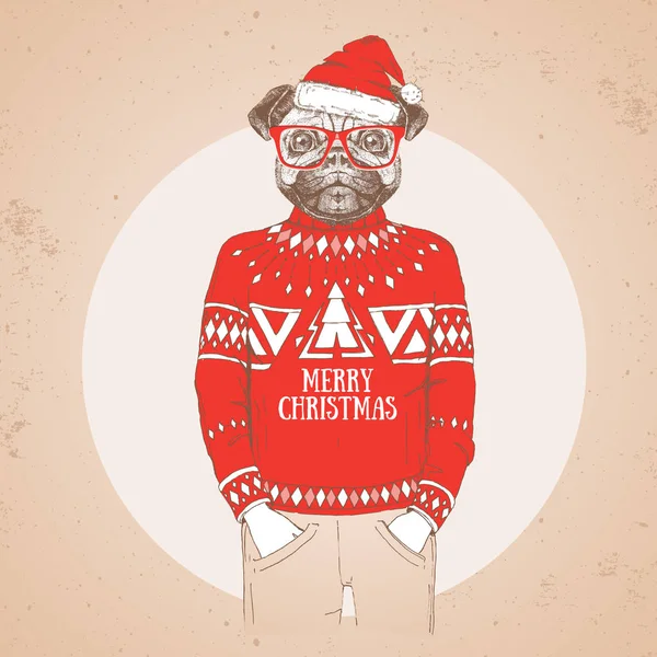 Noël Hipster mode animal chiot chiot habillé un chapeau de Nouvel An et pull — Image vectorielle