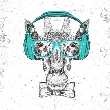 Retro kulaklık ile hippi hayvan zürafa. Zürafa el çizim namlu