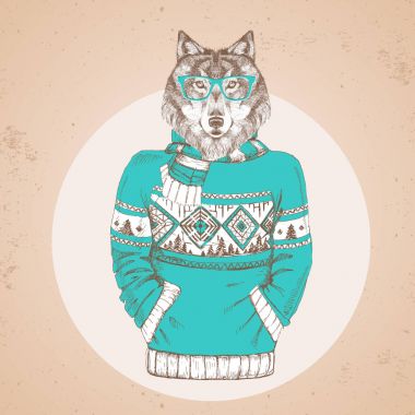 Retro Hipster moda hayvan kurt kazak içinde giyinmiş. 