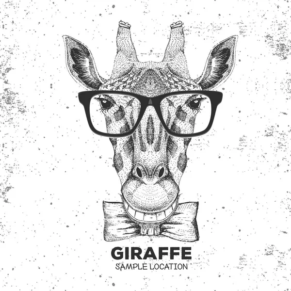 Giraffa animale Retro Hipster. Mano disegno Muso di giraffa — Vettoriale Stock