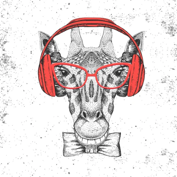 Retro Hipster jirafa animal con auriculares. Dibujo a mano Bozal de jirafa — Archivo Imágenes Vectoriales