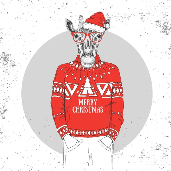 Noel Hipster moda hayvan zürafa yeni yıl şapkası giymiş — Stok Vektör