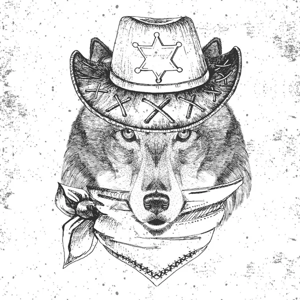 Hipster djur wolf. Hand ritning munkorg av varg — Stock vektor