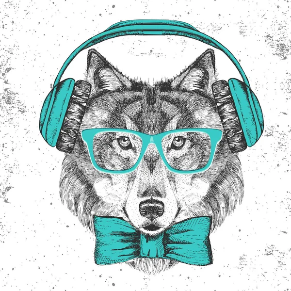 Lobo animal retro Hipster con auriculares. Dibujo a mano Bozal de lobo — Vector de stock