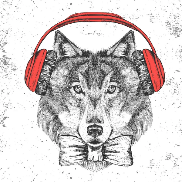 Lobo animal retro Hipster con auriculares. Dibujo a mano Bozal de lobo — Archivo Imágenes Vectoriales