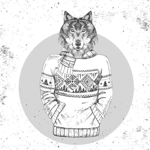 Retro Hipster fashion animal wolf dressed up in pullover. — Stock Vector