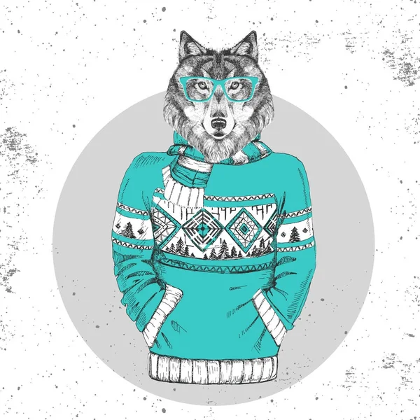 Ретро хіпстерська мода вовк тварин одягнений в пуловер . — стоковий вектор