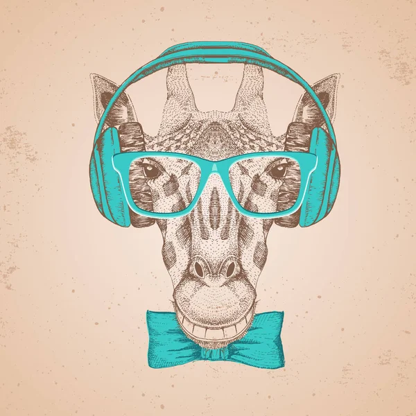 Retro Hipster jirafa animal con auriculares. Dibujo a mano Bozal de jirafa — Archivo Imágenes Vectoriales